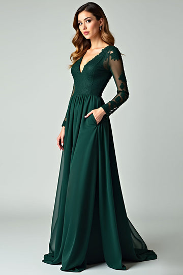 Pine A Line V Neck Lace Lång Balklänning med långa ärmar